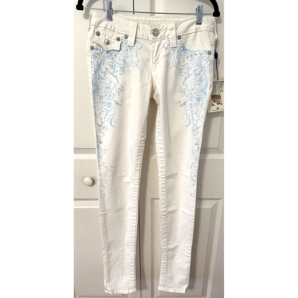Women’s White Jeans with Light Blue Paisley Print